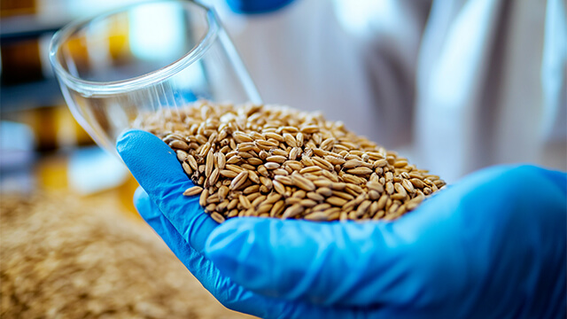 Wheat grains in hands with latex gloves