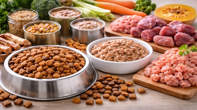 Assorted pet food products including dry kibble, wet food, and fresh meat ingredients displayed on a table
