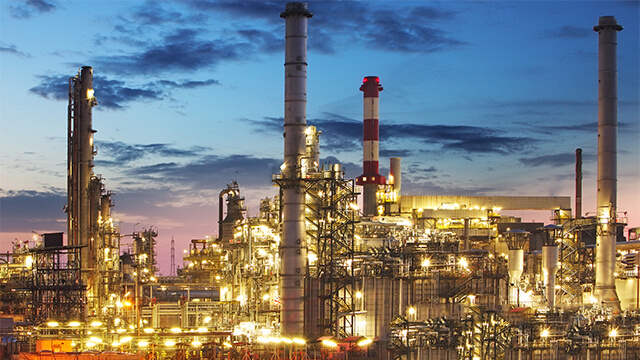 Refinery lit up at night