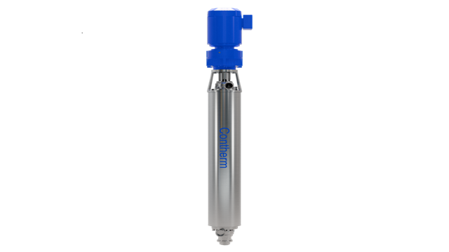 Vertical Alfa Laval Contherm HP scraped surface heat exchanger with blue motor and stainless steel cylindrical body